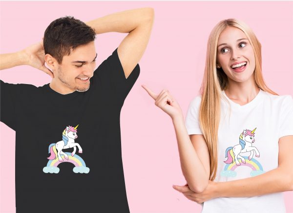 couple in unicorn on rainbow tshirt