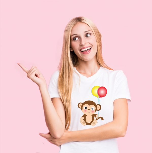 girl in monkey with balloons tshirt