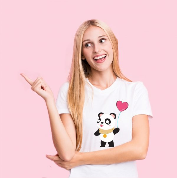 girl in panda with balloin tshirt